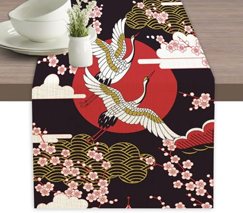 Japanischer Luxus-Tischläufer mit Kirschvogel, Leinen, lang, Bauernhaus, rustikaler Tischläufer für Party, Urlaub, Esszimmer/Küche, 33 x 178 cm