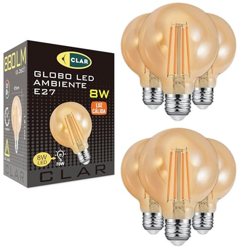 CLAR - Ampoule E27 Vintage Géante, Décorative Filament Globe G95 Ambre, 8W, Blanc Chaud 2500ºK (Pack 6)