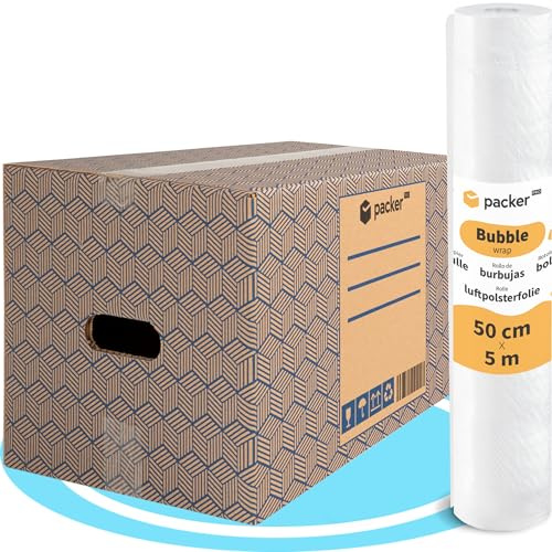 packer PRO Pack 20 Cajas Carton para Mudanzas y Almacenaje Ultra Resistentes con Asas, 50x30x30cm y Rollo Burbuja Embalaje de 50cm Ancho y 5m