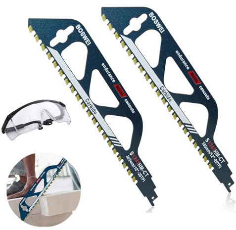 IUSOT 3 Säbelsägeblatt Stein Set, 2 Säbelsägeblätter Stein, 1 Schutzbrille, Steinsägeblatt für Säbelsäge, für Porenbeton, Holz, Metall, Ziegel, Beton, Professional Sägeblätter Säbelsäge(S1243HM)