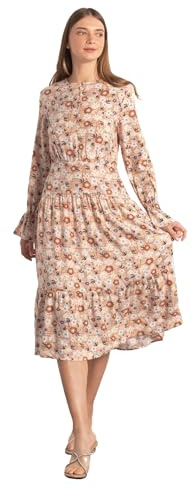 Enorsia Womens Viscose Floral Midi Dress Long Sleeve Autumn Winter Casual Elegant Tiered Brown Dress with Button Neckline and Side Zip for Ladies Fall Clothing Regular Fit Printed Outfit