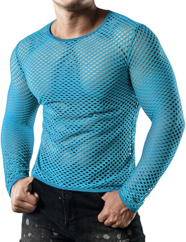JOGAL Mens Fishnet Mesh Long Sleeve Shirt Fitted Muscle X-Large Ocean Blue