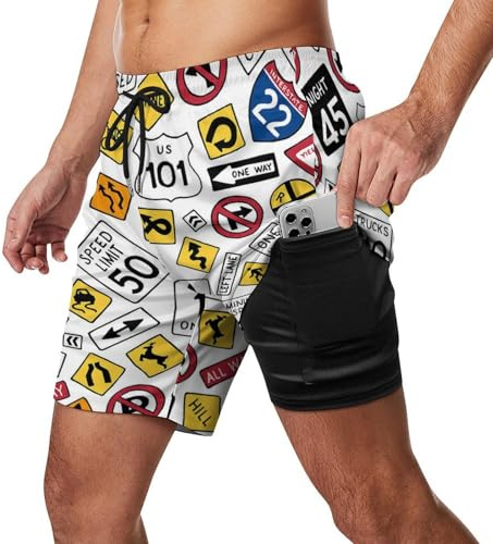 Short de Plage pour Homme avec Doublure de Compression et Motif Panneaux Routiers USA Cartoon, Maillot de Bain Extensible à séchage Rapide