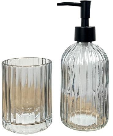 2 Piece Smoke Grey Ribbed Glass Bathroom Sink Accessories Set Liquid Soap Lotion Dispenser Tumbler/Toothbrush Holder Cup