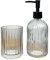 2 Piece Smoke Grey Ribbed Glass Bathroom Sink Accessories Set Liquid Soap Lotion Dispenser Tumbler/Toothbrush Holder Cup