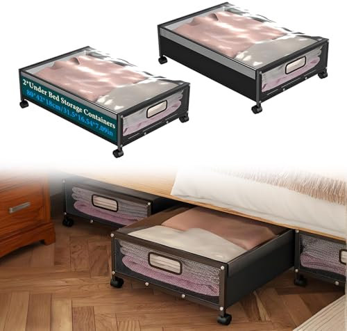 aichilra Paquete de 2 contenedores de almacenamiento debajo de la cama con ruedas debajo de los cajones de la cama organizador enrollable para ropa, juguetes, zapatos, mantas