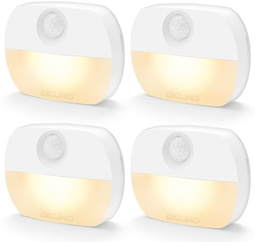 DiCUNO Motion Sensor Night Light, Battery-Operated, Warm White 3000K, 4 Pcs | Stick-on Lights, AUTO/ON/Off LED Indoor Wall Lights for Stairs, Cupboard, Wardrobe, Shelf, Toilet