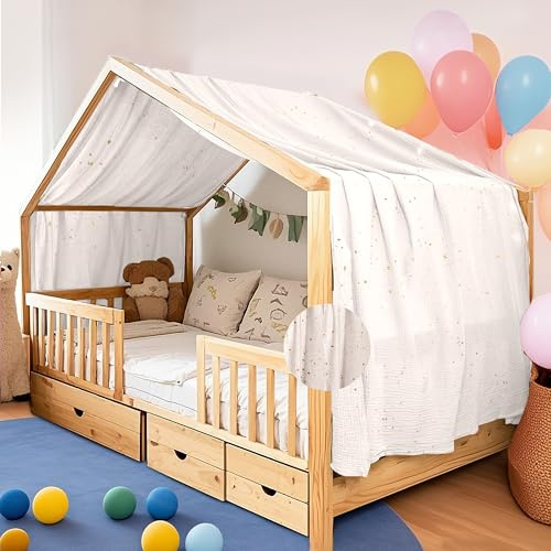 FloraVigo Home Bettbezug mit Goldener Applikation, handgefertigt aus 100% Baumwoll-Musselin, Stoffhimmel für die Hausbett-Dekoration, geeignet für Mädchen und Jungen (Weiß, 132 x 420 cm)