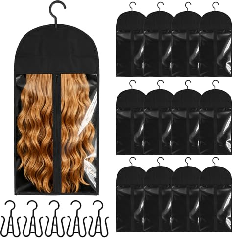 Axincardarm Wig Storage Bags With Hanger Hair Extensions Storage Bag 12 Pcs | Non-Woven Fabric, Portable Hair Extension Holder for Wigs and Hairpieces, 30 x 60 cm, Black