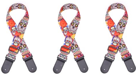 Bosiyrggrl 3 PCS Skull Leather Nylon Fluorescent Print Folk Guitar Strap 7.1x7.1x3cm Electric Guitar Strap Polyester+PU Acoustic Guitar Strap,A