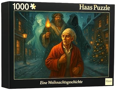 Puzzle 1000 Teile Weihnachten – Eine Weihnachtsgeschichte nach Charles Dickens – Hochwertiges Weihnachtspuzzle für Kinder und Erwachsene – Geschenkidee vom Haas Literaturverlag