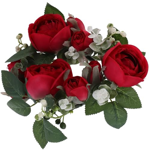 BESPORTBLE Künstlicher Rosenkerzenring Blumenkranz für Säulenkerzen Filigraner Kerzenkranz in Roter Farbe Langlebige Hochzeits und Tischdekoration