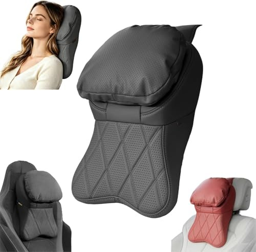 Auto-Kopfstützenkissen aus PU-Leder, Nackenkissen mit 100% Memory-Schaum, ergonomische Nackenstütze mit verstellbarem Gurt, universell passend für Auto, SUV, LKW, Bürostuhl & Reisen (Schwarz)