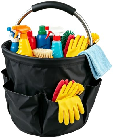ZBXSNK Large Cleaning Caddy with Handle, 18L Foldable Cleaning Caddy Bag, Cleaning Products Organiser Housekeeping Basket for Home, Kitchen, Bathroom Professional Cleaners Accessories - Black
