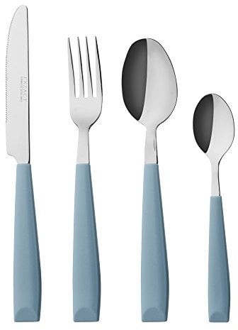 EXZACT Cubertería 16 Piezas Acero inoxidable con mangos anchos de plástico - 4 x cena tenedors, 4 x cuchillos, 4 x cucharas cena, 4 x cucharaditas - Servicio para 4 - WF232W (Azul claro)