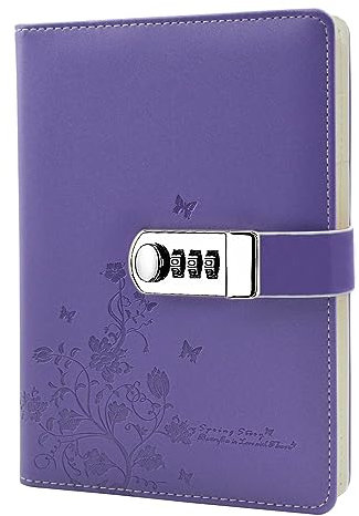 NectaRoy PU Leather Password Notebook Writing Journal Diary Planner Organizer, Butterfly and Flower Pattern, Wire Binding Lined Daily Notepad Personal Sketchbook with Pen Holder, A5 Size 210x145mm