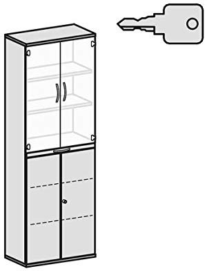 Geramöbel Modulschrank 1. - 3. OH Holztüren, abschließbar, Auszugsplatte, 4. - 6. OH satinierte Glastüren, Nicht abschließbar, 4 Dekor-Einlegeböden, 800x425x2304, Nussbaum/Nussbaum