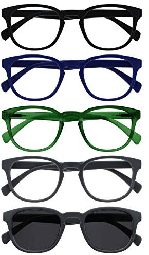 OPULIZE POP Lesebrille für Damen und Herren mit Lesesonnenbrille - 5er Pack - Lustige Runde Brille Matt - Getönte Gläser mit UV400 - Federscharniere - Schwarz Blau Grün Grau Grau Sonnenbrille +1.00
