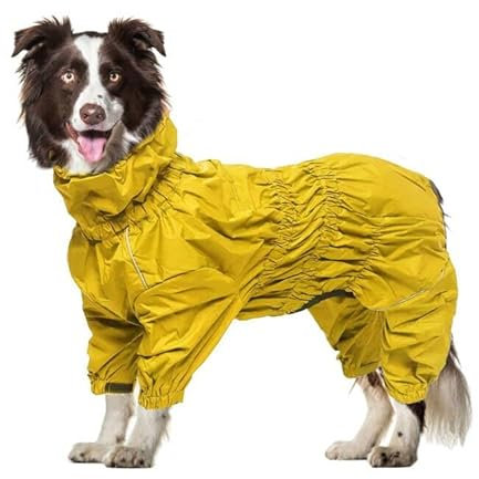Geyecete -Regenmantel für hunde mit vier Beinen,Hunde Regenjacken Hosenanzug mit Geschirr loch, reflektierender vollwickel elastisch wasserdicht mantel fur Groß mittel und klein hunde -Gelb-L