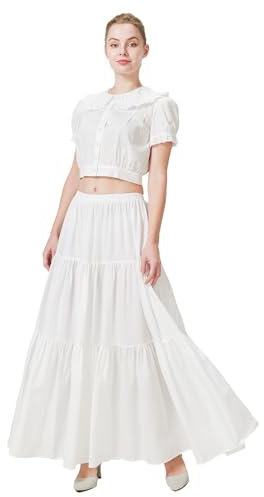 BEAUTELICATE Jupe Médiévale Victorienne en 100% Coton Renaissance Moyen Age Costume Jupe Longue Evasée Bohème De Femme Blanc, L