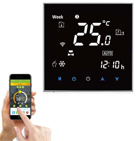 Qiumi Smart WiFi Thermostat Programmierbarer Wasserthermostat LCD Display Temperaturregler Funktioniert mit Alexa Google Home, Schwarzes Feld, weiße Schrift (Einstellbare Helligkeit) 5A 95~240V AC