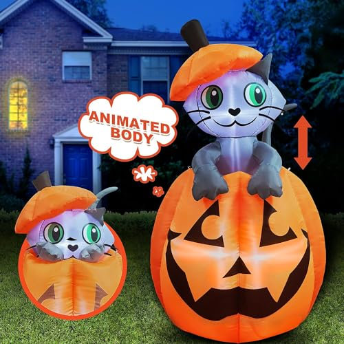 Joiedomi 1,5 m Halloween aufblasbare animierte Kitty Katze auf Kürbis aufblasbare Hof Dekoration mit integrierten LED für Halloween Party Indoor Outdoor Hof Garten Rasen Dekor
