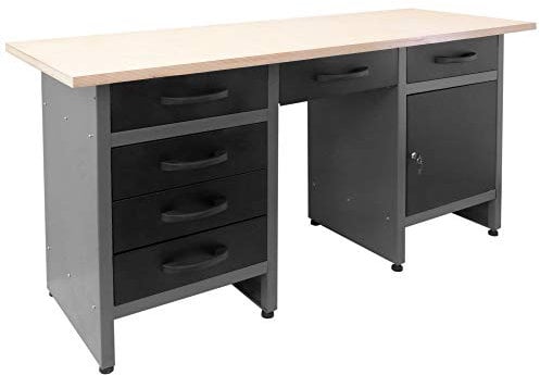 GERMANIA Werkbank aus Metall mit 6 Schubladen & Holz-Arbeitsplatte - 170 x 60 x 85 cm - Grau Anthrazit - Werkstatteinrichtung - Werktisch mit abschließbarer Tür