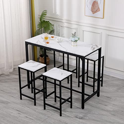 Bar Set with Marble Effect, Bar Table with 4 Stools Set Home Bar Set Kitchen Counter Set for Breakfast Modern High Dining Table with 4 Chairs for Home Dining Room Restaurant Bistro (White Marble)