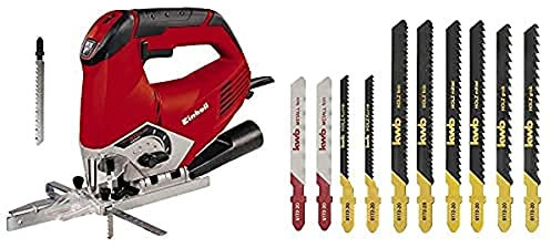 Einhell Stichsäge TE-JS 100 (750 W, max. 100 mm, 45° Schrägschnitt, Hubzahlregelung, 4-Stufen Pendelhub, Absaugadapter, Parallelanschlag, LED-Licht, Koffer, inkl. 10-tlg. T-Schaft Sägeblatt-Set)