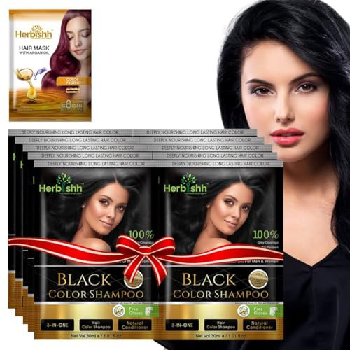 Herbishh Haarfärbe-Shampoo mit Argan-Haarmaske, Reisegröße, Farben in Minuten, lang anhaltende Farbe, 10 Stück + 1 Packung, ohne Ammoniak (Black)