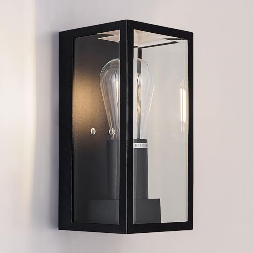 HARPER LIVING Outdoor Wall Light Waterproof IP54, Matte Black Stainless Steel Boxed Lantern, E27 Bulb Cap, LED Compatible, Ideal for Walkway, Courtyard, Garden, Park, Class 1 (Earth)