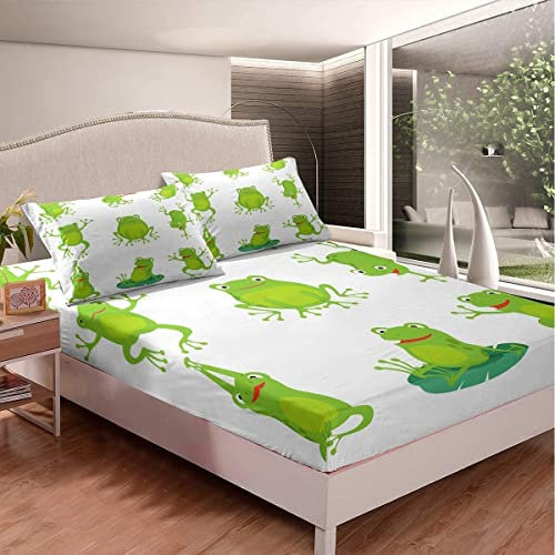 Kinder Spannbettlaken 90x200cm Froschdruck Bettlaken Set Niedlich Karikatur Tiermuster Spannbetttuch für Kinder Jungen Mädchen Mikrofaser Grünes Blatt Frosch Natur Thema Raumdeko