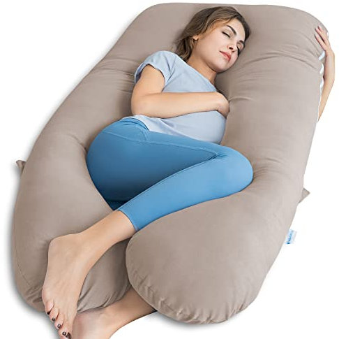 QUEEN ROSE Kühlendes Schwangerschaftskissen, Mutterschaftskissen zum Schlafen, U-förmiges Körperkissen für Schwangere, mit abnehmbarem seidigem Bezug, 140 cm, Beige