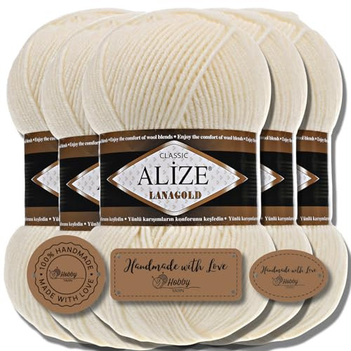 Alize 5 x 100g Lanagold Classic Türkische Premium Wolle Baumwolle und Acryl Uni Handstrickgarne | Yarn | Garn | Strickgarn Einfarbig Baby zum Häkeln Stricken Kleidung Schals (Cream | 1)