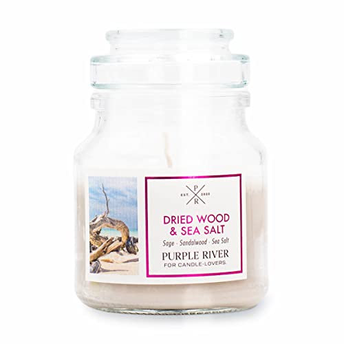 Purple River kleine Duftkerze im Glas mit Deckel | Dried Wood & Sea Salt | Duftkerze Sandelholz | Sojawachskerze | Raumduft für Zuhause | Geschenke für Frauen