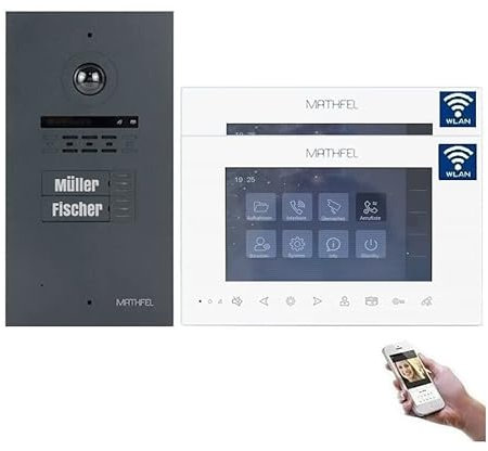 MATHFEL 2-Draht Video-Türsprechanlage – 2-Familienhaus, Full HD 170° Kamera, 2X 7-Zoll WLAN-Monitor, IP65 wetterfest, Türöffner, einfache 2-Draht-Bus-Installation