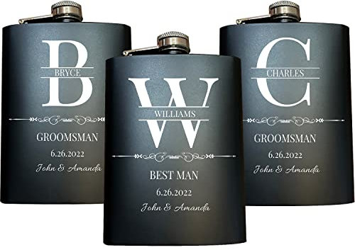 Juego de 3 frascos personalizados para padrinos de boda, frascos de acero inoxidable de 8 onzas, frascos de cadera para recuerdos de boda, juego de regalo para padrino y padrino de boda, color negro