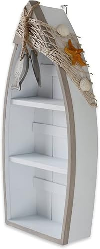 Linfevisi Holz-Bootregal, Dekoration, Strand-Thema, stehendes Bootsregal, Holzboot-Dekor, Boot-Regal, nautische Dekoration, stehendes Boot-Display mit Netz, Seestern, Muschelakzent, Heimdekoration für