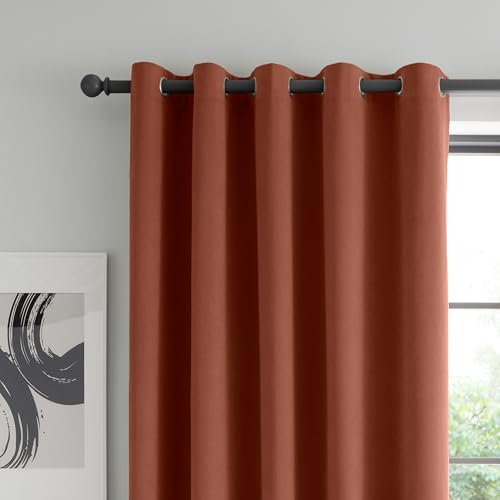 Catherine Lansfield Wilson Velvet Blackout Thermal 90x90 Inch Eyelet Curtains Two Panels Terracotta
