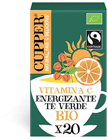 CUPPER Tè Verde Energy Support Biologico e Fairtrade con Arancia, Acerola, Guaranà e Matcha 20, Filtri 100% Biodegradabili, Confezione da 20 Bustine