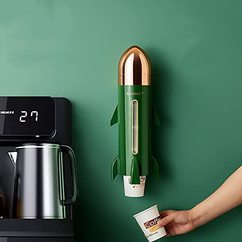 Hosoncovy Rocket Shape Disposable Paper Cup Dispenser Wall Mounted Cup Storage Disposable Cup Holder with Tea Bag Storage Box for Home Office (Green)