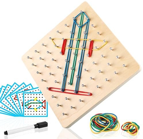 Holz Geobrett Set , Autismus Spielzeug, Reisespiele Kinder ab 3 Jahre, Lernspiele ab 4 Jahre, Montessori Spielzeug ab 5 Jahre, mit Stift, Doppelseitige Musterkarte und Gummiband,für Kinder Mädchen