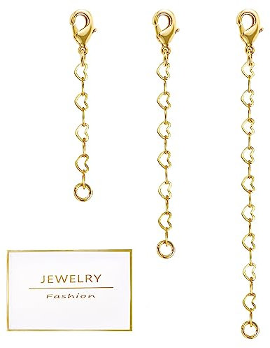 LANCHARMED Halskette Ketten Verlängerung Gold, 3 Stück 14 Karat vergoldete Herz Kettenverlängerung Verlängerung Kette Halskette Fußkette Armband Verlängerungskette für Schmuckherstellung 1 2 3 Zoll