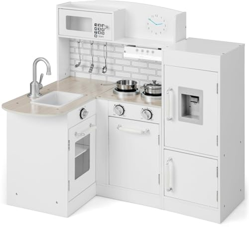 Costzon Corner Kids Kitchen Playset, 8-in-1 Wooden Toy Kitchen Set with Realistic Microwave, Oven, Stove, Refrigerator, Range Hood, Pretend Play Kitchen for Toddlers Boys Girls