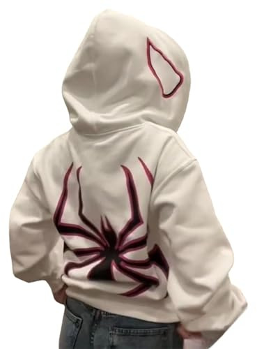 Asadovce Felpa oversize Y2k da donna e uomo, con cerniera, motivo ragno grafico, felpa con cerniera completa, per ragazze e ragazze, giacca streetwear grunge, Ragno Bianco, Medium