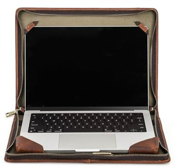CONTACT'S FAMILY Zipper Folio Compatible with MacBook Pro 14.2”, Genuine Leather Laptop Sleeve Protective Folio Book Case for 14.2 Inch MacBook Pro(Brown)