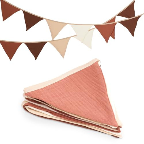 jijAcraft Wimpelkette Kinderzimmer Kaffee, 2.8M Stoff Wimpelkette aus Musselin Baumwolle, Doppelseitig Stoffgirlande Kinderzimmer, Girlande Kinderzimmer für Fenster, Hausbett