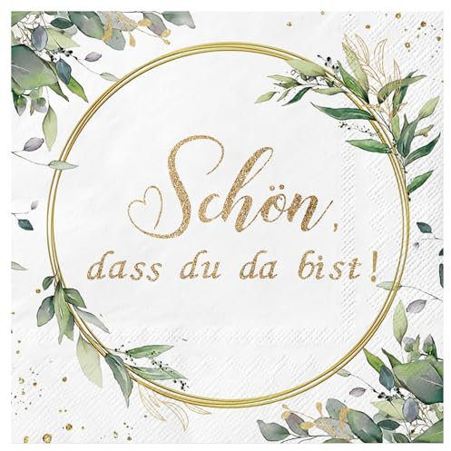 40 Stück Servietten Schön Dass Du Da Bist, 3-Lagige Servietten Eukalyptus Grün Einladung Kommunion Weiß Tischdeko Geburtstag Hochzeit Taufe Konfirmation Party Deko