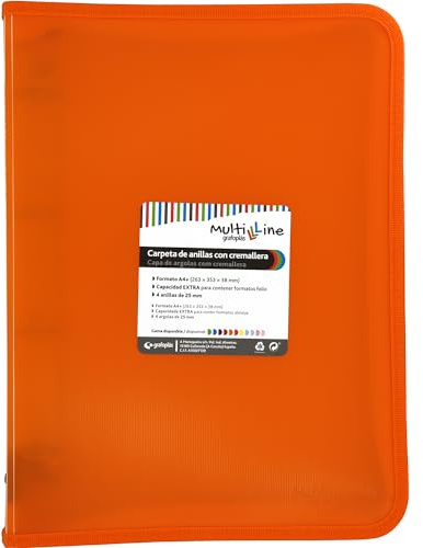 Grafoplás Ringbuch mit Reißverschluss A4+ | Orange | Multiline | 4 gemischte Ringe 25 mm | vertikal gestreifter Polypropylen-Einband | extra Kapazität für Papierblätter im Folioformat