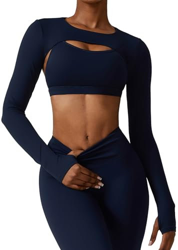 Adigau Frauen Crop Top Langarm Bolero Open Front Workout Cropped Shirts mit Daumenlöchern Bequeme Stretchy Sport Shrug ohne BH Blau S